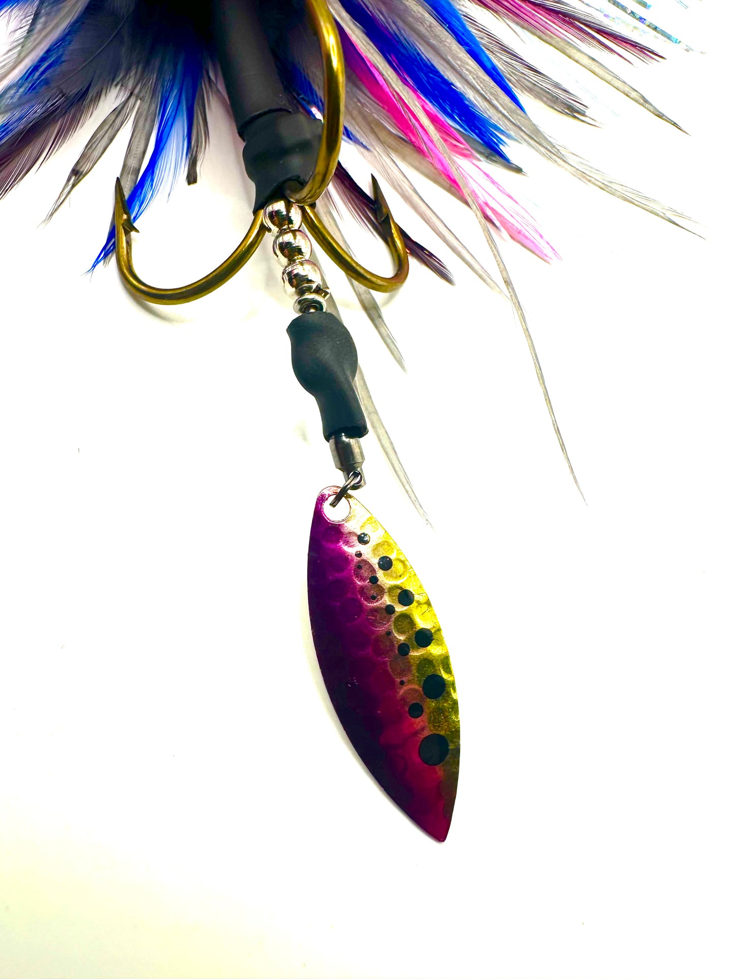 Double 10 Custom Hootch Blades Rainbow Marabou Hackle Mix with Tail Spin